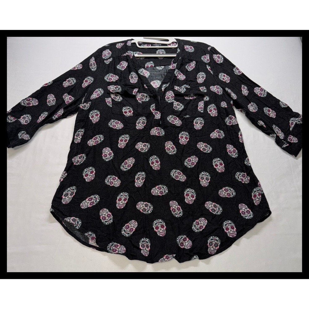 Torrid Harper Button Down Top Women 0 Black‎ Sugar Skull Holiday Christmas